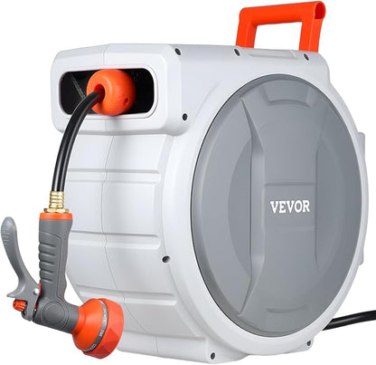 VEVOR Retractable Garden Hose Reel, 1/2 in x 100 ft, Wall Mounted Hose Reel with 9-Function Sprayer Nozzle and 180° Swivel Bracket, Any Length Lock, Automatic Slow Rewind System, for Garden Watering