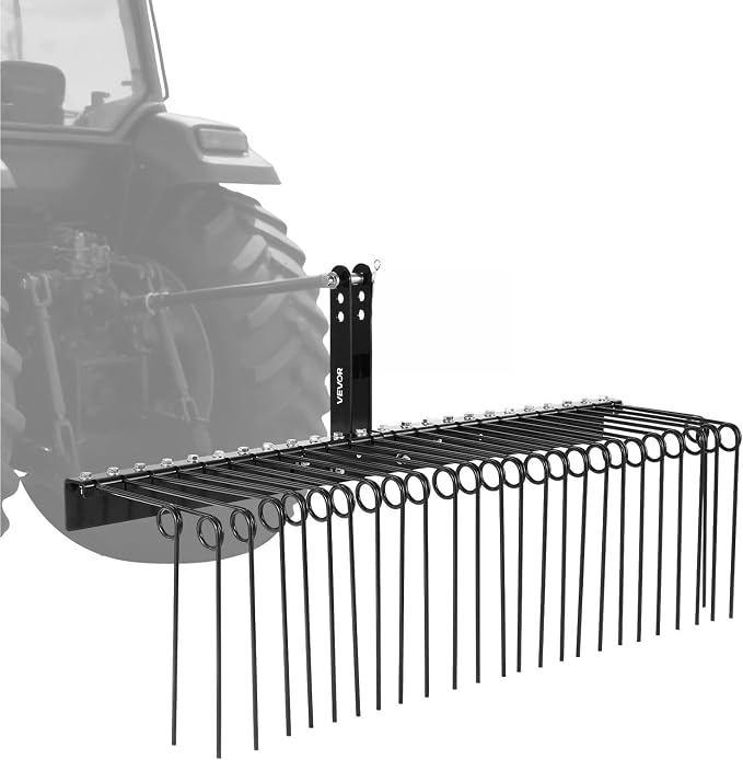 VEVOR 60 in Tow Behind Landscape Rake, 3 Point Hitch Lawn Dethatcher Rake, 26 Spring Steel Tines, for Category 1 Tractors, Heavy Duty & Rust-Resistant Rakes Tractor Attachments for Leaves Pine Needles