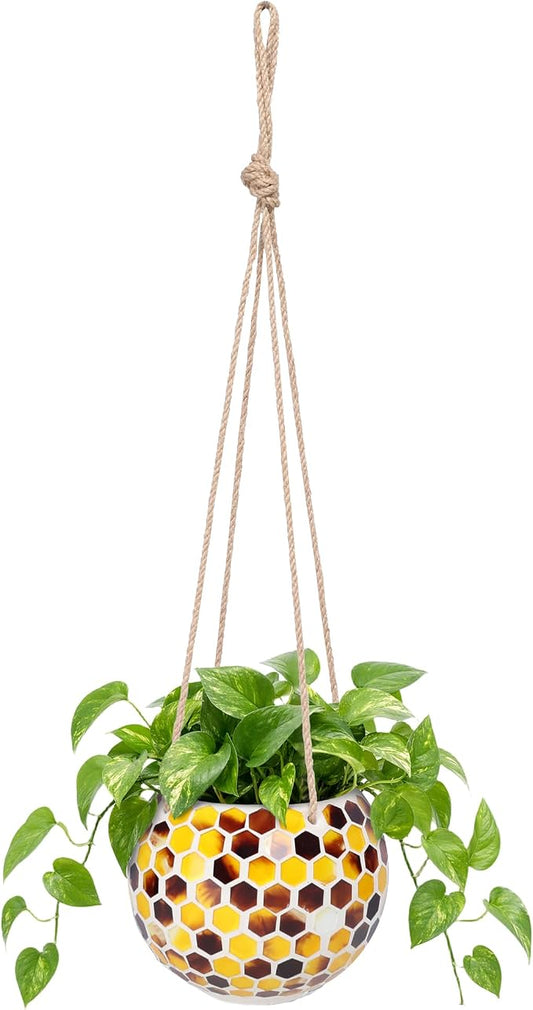 Hanging Planter Mosaic Garden Pot Small Flower Pot for Indoor Plant Disco Ball Hanging Planter with Drainage Yellow Bee