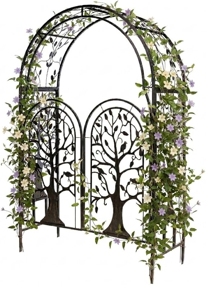 Plow & Hearth Metal Tree of Life Arched Garden Arbor with Gate | 7 feet Tall Laser-Cut Design | Plant Support for Heavy Vines | Landscape Focal Point | Iron Steel
