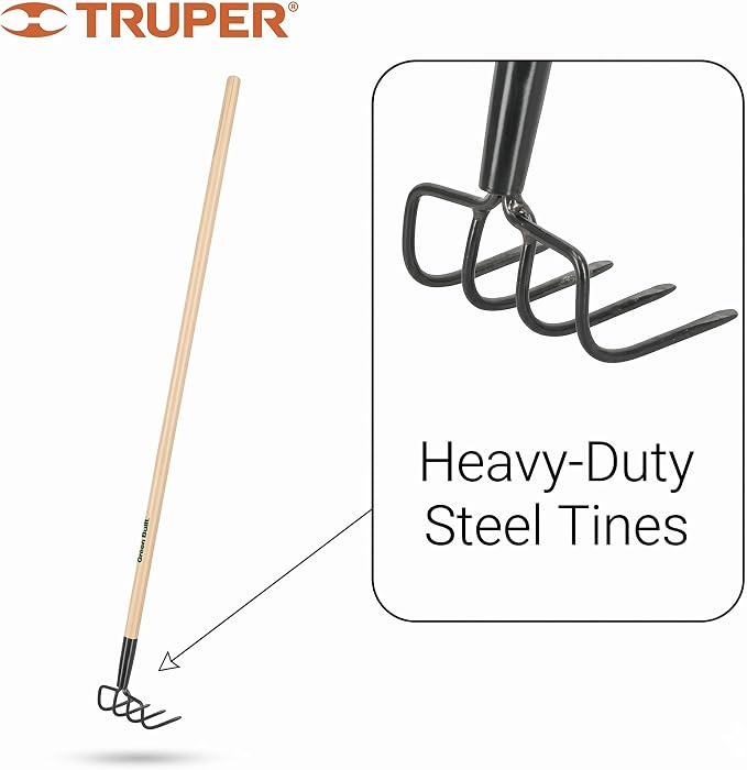 Truper GreenBuilt 4-Tine Welded Cultivator, 48-Inch Premium Waxed Hardwood Handle, Heavy-Duty Soil Aerating and Weeding Tool (Model 30029 / CUL-PE)
