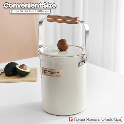 WAGENSTEIGER Kitchen Countertop Compost Bin 101ounces / 3Liters, Airtight Lid SUS304 Stainless Steel Odor-Free Food Waste Bin with Wooden Handle Stylish Design/Bathroom Trash Can (White)