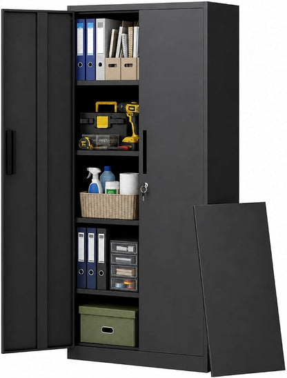 Metal Storage Cabinet with 2 Doors and 4 Shelves, 72" H Metal Cabinet with Lock, Steel Locking File Cabinet, Lockable Storage Cabinet, Tool Cabinet for Home, Office,Garage, School, Black