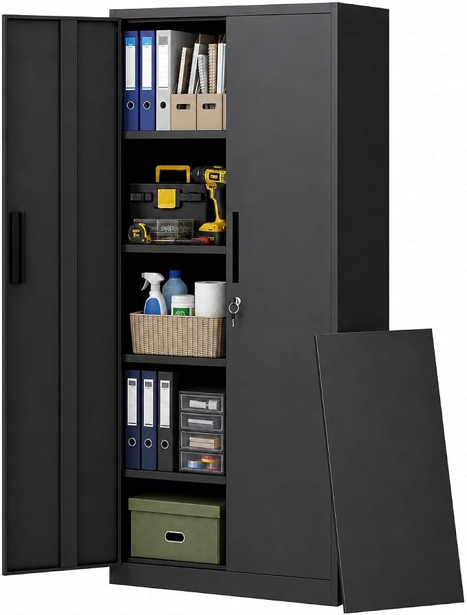 Metal Storage Cabinet with 2 Doors and 4 Shelves, 71" H Metal Cabinet with Lock, Steel Locking File Cabinet, Lockable Storage Cabinet, Tool Cabinet for Home, Office,Garage, School, Black