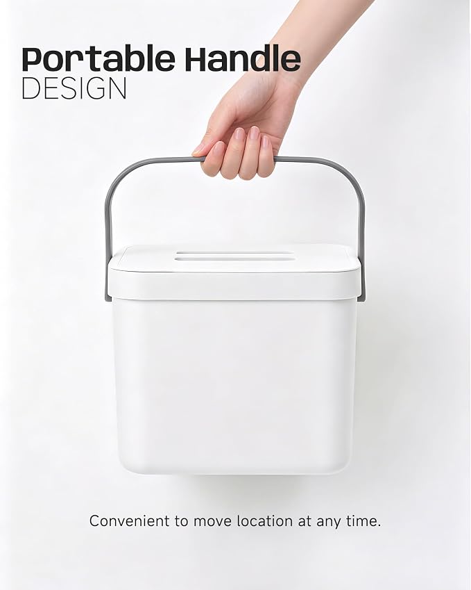 Kitchen Compost Bin - 1.8 Gallons Hanging Trash Can with Lid for Kitchen Cabinet Door, Under Sink, Wall Mounted Waste Bin for Bathroom, 7L(White)