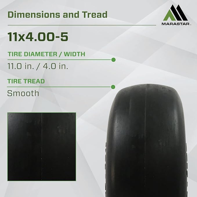 MARASTAR 00232-2PK Universal Fit Flat-Free 11x4.00-5 Tire and Wheel Assembly, Zero Turn Lawn Mower Replacement Tires, Smooth Tread, Adapter Kit included, 2 pack