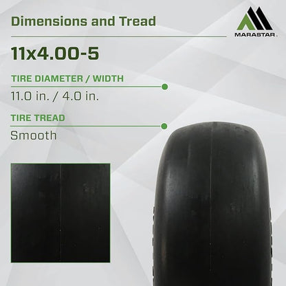 MARASTAR 00232-2PK Universal Fit Flat-Free 11x4.00-5 Tire and Wheel Assembly, Zero Turn Lawn Mower Replacement Tires, Smooth Tread, Adapter Kit included, 2 pack