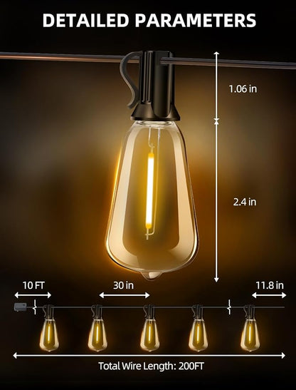 Outdoor Patio String Lights: 200Ft 60M Outside Waterproof Light - Remote Dimmable ST38 Shatterproof Bulb Connectable Hanging Outdoor Electric Lighting - Backyard Yard Gazebo Porch Party