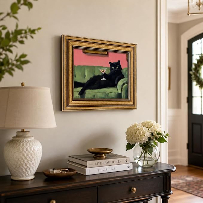 Devunaty Vintage Gold Framed Black Cat Martini Wall Art, Cocktail Bar Cart Wall Decor, Funny Cat On Green Sofa Canvas Print, Eclectic Whimsical Painting Picture For Bedroom Living Room Decor 16"x24"