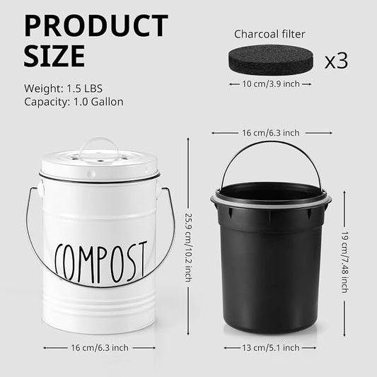 Kitchen Compost Bin, 1 Gallon Countertop Compost Bin with Lid, Indoor Compost Bucket, Includes Inner Bucket Liner and Carbon Filters, White
