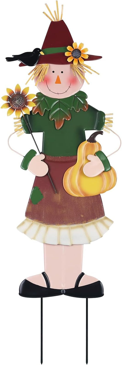 YEAHOME Outdoor Fall Decor, Metal Girl Scarecrow Garden Stakes with Sunflowers & Pumpkin for Fall Decorations, Scarecrow Yard Signs for Outside Garden Lawn Porch Thanksgiving Decorations Outdoor
