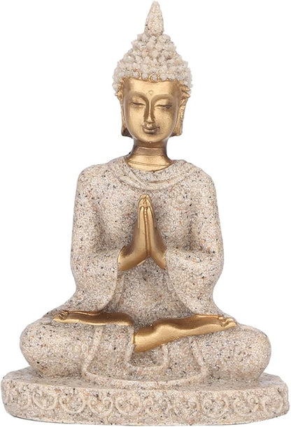 Small Buddha Statue - Figurines Decor Sandstone Sitting Meditation | Outdoor Statues for Garden Buddhist Decoration Ornament Sculpture Handmade Figurine Miniatures Home Seated Zen (Gold)