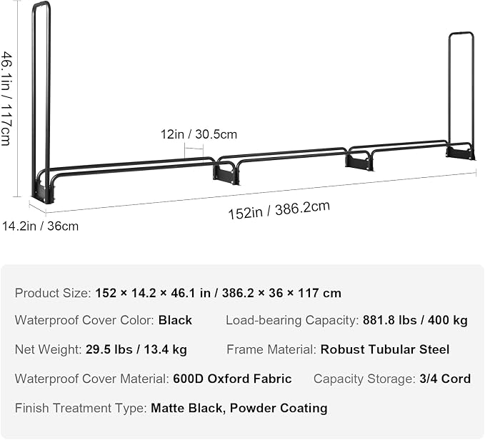 VEVOR 12.7FT Outdoor Firewood Rack with Cover, 152x14.2x46.1in, Heavy Duty Firewood Holder & 600D Oxford Waterproof Cover for Fireplace, Patio, Indoor/Outdoor Log Storage Rack for 3/4 Cord of Firewood