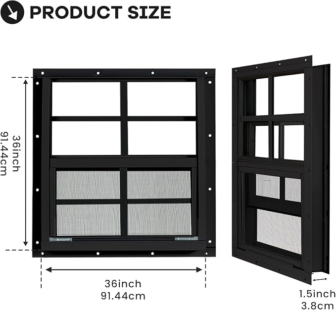 Shed Windows 2 Pack, Chicken Coop Windows 36" x 36" Black | Flush Mounted Small Windows with Tempered Glass and Fiberglass Screen for Shed, Barns, Playhouse, Household, Garage