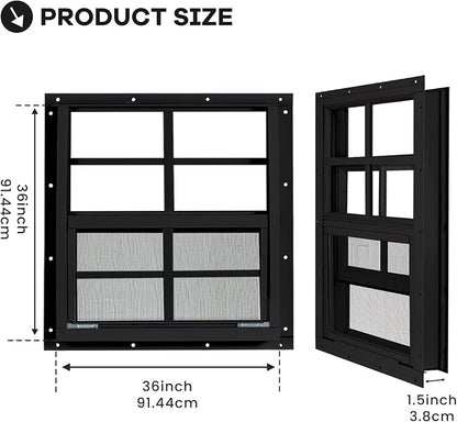Shed Windows 2 Pack, Chicken Coop Windows 36" x 36" Black | Flush Mounted Small Windows with Tempered Glass and Fiberglass Screen for Shed, Barns, Playhouse, Household, Garage