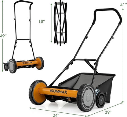 IRONMAX 18 Inch 5-Blade Push Reel Lawn Mower, 9-Level Adjustable Cutting Heights, Removable Grass Catcher, Lightweight No Motor Walk-Behind Manual Grass Cutter for Garden Yard Park (Orange, 18 Inch)