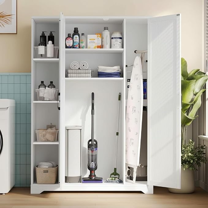 YITAHOME Wooden Garage Broom Cabinets with Adjustable Shelves, Multifunctional Organizer for Ironing Boards and Vacuum Cleaners, Tool Storage Cabinet for Gym, Basement, Warehouse, Oak White | Adjustable Shelves, Fits Ironing Board & Vacuum, Multifuncti...