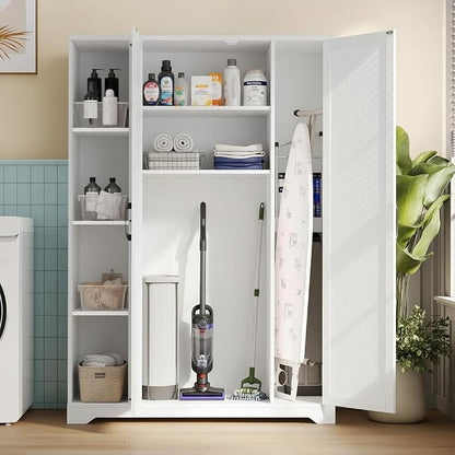 YITAHOME Wooden Garage Broom Cabinets with Adjustable Shelves, Multifunctional Organizer for Ironing Boards and Vacuum Cleaners, Tool Storage Cabinet for Gym, Basement, Warehouse, Oak White | Adjustable Shelves, Fits Ironing Board & Vacuum, Multifuncti...