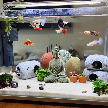 livelyfish Fish Tank Buddha Statue Japanese Aquarium Decorations Meditation Sandstone Buddha Statue Ornaments Betta Pet Fish Tank Asian Decorations,C