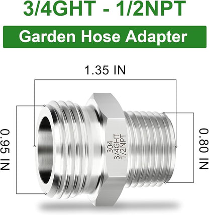 TAISHER 2PCS 304 Stainless Steel Garden Hose Adapter, 3/4" GHT Male x 1/2" NPT Male Garden Hose Connector with Washers