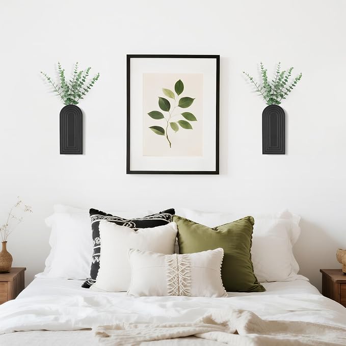 Dahey Wood Wall Planter Vase with Artificial Eucalyptus, 2 Pack Hanging Planter for Indoor Fake Plants Modern Boho Farmhouse Wall Art Decor for Bathroom Bedroom Kitchen Office Home Decoration, Black