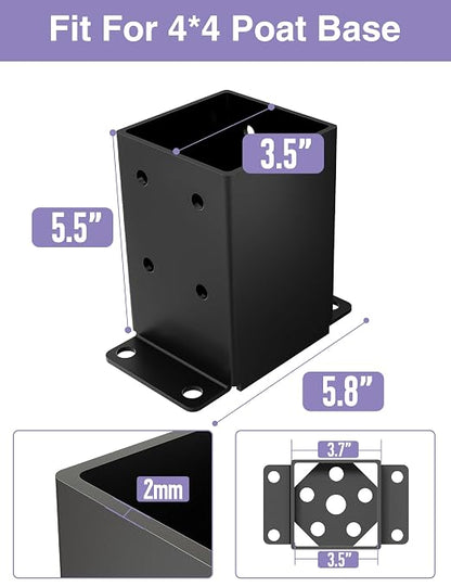 4 PCS Metal 4x4 Post Base, Inner Size 3.5"x3.5" Post Bracket | Heavy Duty, Anti-Corrosive Partition, Powder-Coated, Post Anchor, For Pavilion Deck Railing Support