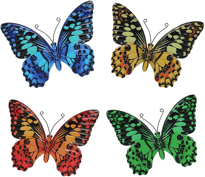 dreamskip 4 Pcs Butterfly Wall Decor Art, Butterflies Outdoor Metal Wall Art with Vivid Pattern, Hand Painted Outdoor Garden Yard Fence Patio Decor Gift for Women Mom