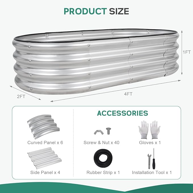 Galvanized Raised Garden Bed - 4×2×1ft (2 Packs) Planter Raised Beds for Gardening | Oval Metal Garden Planter Box with Safety Edging and Gloves for Vegetables Fruits and Flower - Silver