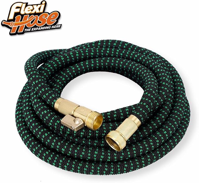 Flexi Hose with 8 Function Nozzle, 100FT - Lightweight Expandable Garden Hose, No-Kink Flexibility, 3/4 Inch Solid Brass Fittings and Double Latex Core - Black and Green