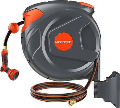 100FT Retractable Garden Hose Reel 1/2 Inch, Wall Mounted Heavy Duty Water Hose with Auto-Lock, Slow Return, 180° Swivel Bracket & 9-Pattern Spray Nozzle, UV Resistant Outdoor Hose Storage System