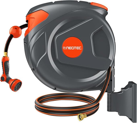 100FT Retractable Garden Hose Reel 1/2 Inch, Wall Mounted Heavy Duty Water Hose with Auto-Lock, Slow Return, 180° Swivel Bracket & 9-Pattern Spray Nozzle, UV Resistant Outdoor Hose Storage System