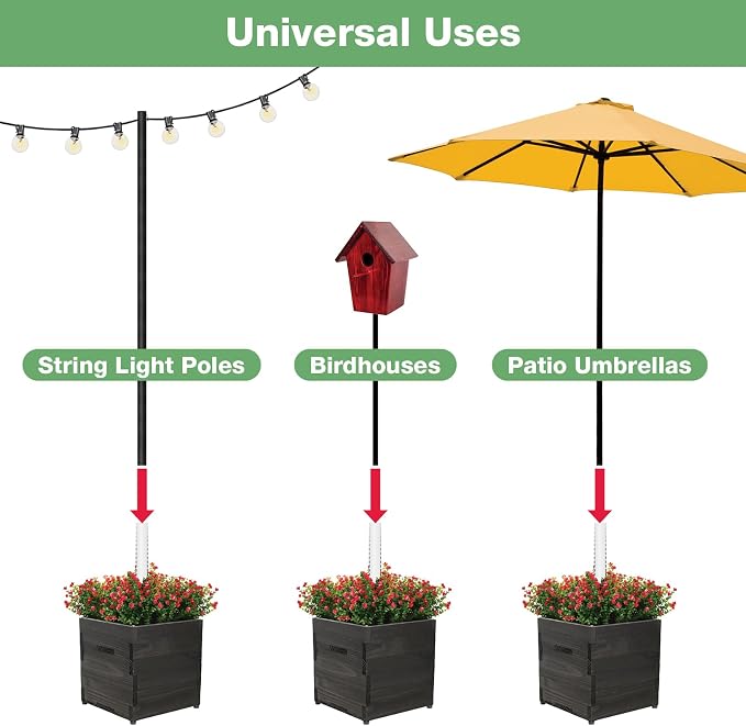 Large Decorative Wooden Planter w/ Universal Pole Support for String Light Poles, Umbrellas, Bird Feeders. Solid Wood Outdoor Garden Patio Box for Plants(Does not include Pole), 14"x14"x14", Black