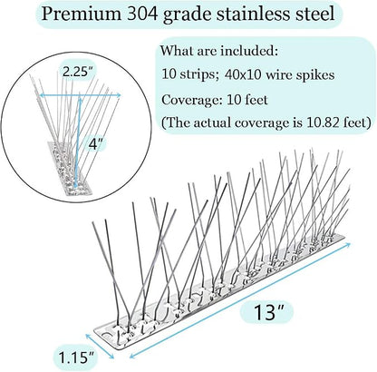 PANGCH Bird Spikes,Stainless Steel Bird Spikes Metal Bird Spikes Fence Spikes Easy to Install - 10 Strips 10.82 Feet Coverage