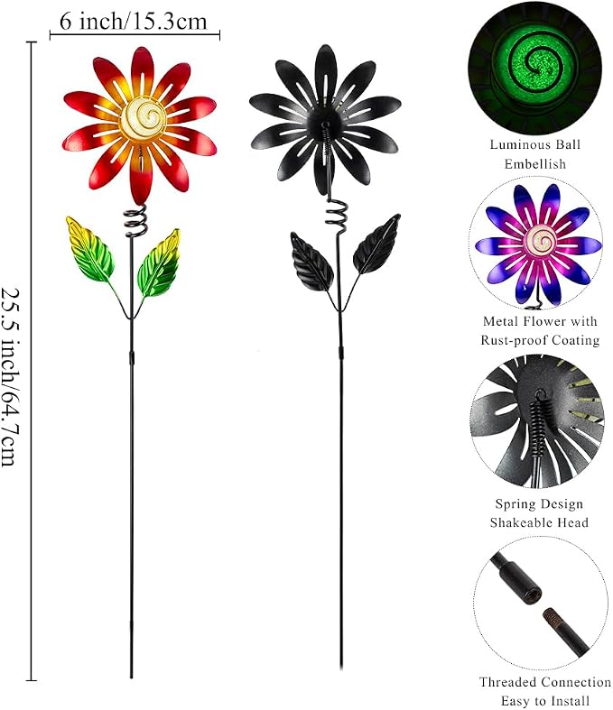 Metal Flowers Decorative Garden Stakes, 2 Pack 25'' Flower Garden Decor for Outside Spring Yard Decor, Flower Metal Yard Art for Porch Fence Landscape Patio Decor (Red & Purple)