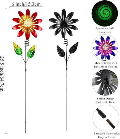 Metal Flowers Decorative Garden Stakes, 2 Pack 25'' Flower Garden Decor for Outside Spring Yard Decor, Flower Metal Yard Art for Porch Fence Landscape Patio Decor (Red & Purple)