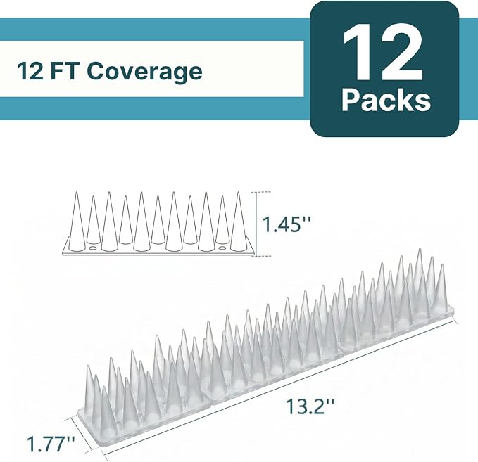 Bird & Animal Deterrent Spikes, 12 Packs Outdoor Plastic Spike Strips for Roof, Ledges, Fence, Walls & Railing, Humane Squirrel, Raccoon & Pigeon Barrier, 12 FT Coverage, White
