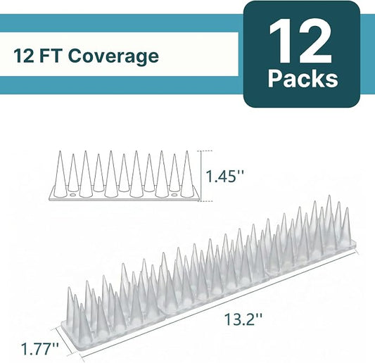 Bird & Animal Deterrent Spikes, 12 Packs Outdoor Plastic Spike Strips for Roof, Ledges, Fence, Walls & Railing, Humane Squirrel, Raccoon & Pigeon Barrier, 12 FT Coverage, White