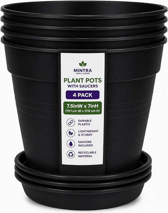 Mintra Garden Pots, 4 Pack Bulk Plastic Plant Pots with Drainage Tray, Round Indoor & Outdoor Decorative Planters with Drain Holes for Flowers, Herbs & Plants, 19cm Diameter – Black, 7.5 in