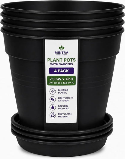Mintra Garden Pots, 4 Pack Bulk Plastic Plant Pots with Drainage Tray, Round Indoor & Outdoor Decorative Planters with Drain Holes for Flowers, Herbs & Plants, 19cm Diameter – Black, 7.5 in