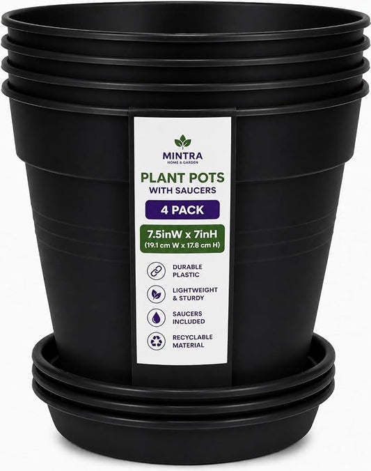 Mintra Garden Pots, 4 Pack Bulk Plastic Plant Pots with Drainage Tray, Round Indoor & Outdoor Decorative Planters with Drain Holes for Flowers, Herbs & Plants, 19cm Diameter – Black, 7.5 in