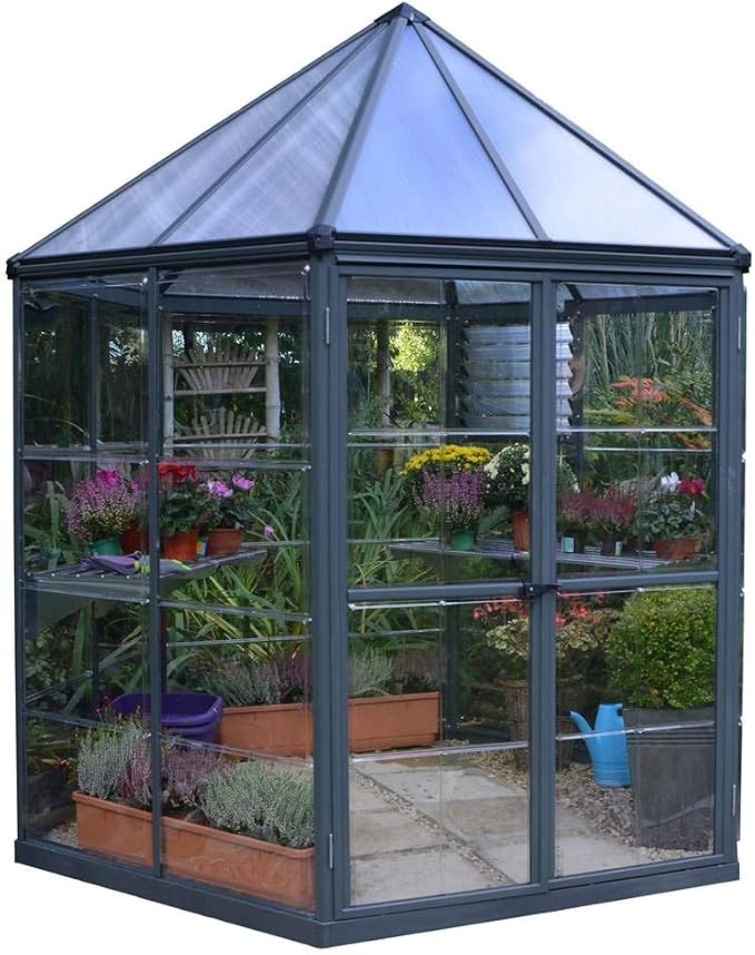 Palram - Canopia Oasis Hex 7' x 8' Polycarbonate Aluminum Greenhouse, Gray | Outdoor Backyard Home Garden Walk-In DIY Kit, Twin-Wall UV Protected, Heavy-Duty Aluminum Frame, Lockable Door, Roof Vent