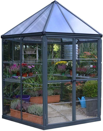 Palram - Canopia Oasis Hex 7' x 8' Polycarbonate Aluminum Greenhouse, Gray | Outdoor Backyard Home Garden Walk-In DIY Kit, Twin-Wall UV Protected, Heavy-Duty Aluminum Frame, Lockable Door, Roof Vent