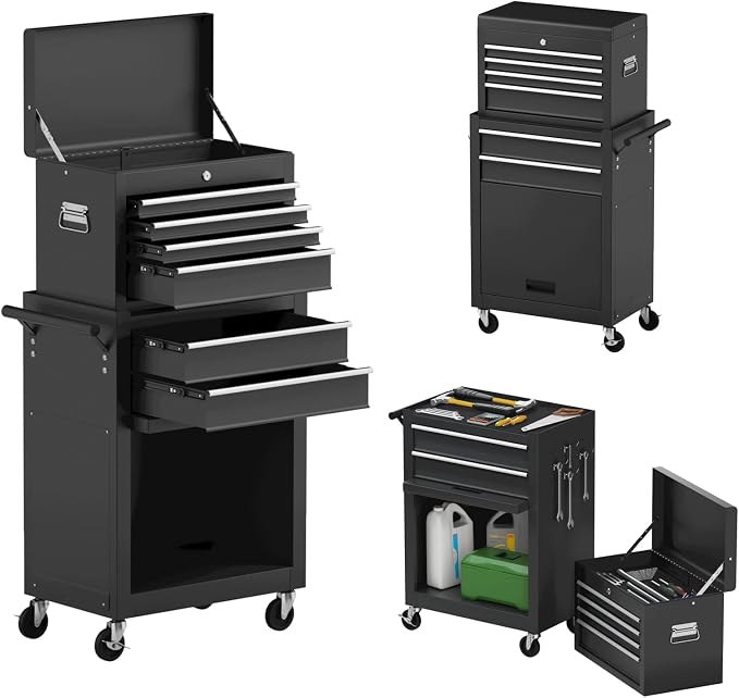 Goplus Rolling Tool Chest, 6-Drawer Tool Box Organizer w/Auto Locking System & Lockable Wheels & Sliding Drawers & Detachable Top, Tool Storage Cabinet for Garage Workshop (Black) …