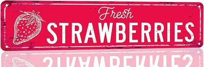 Strawberry Sign Vintage Metal Tin Sign Fresh Strawberries Signs Farmers Market Decor Home Kitchen Cottage Farm Art Plaque Wall Decoration 16x4 Inches