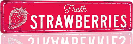 Strawberry Sign Vintage Metal Tin Sign Fresh Strawberries Signs Farmers Market Decor Home Kitchen Cottage Farm Art Plaque Wall Decoration 16x4 Inches