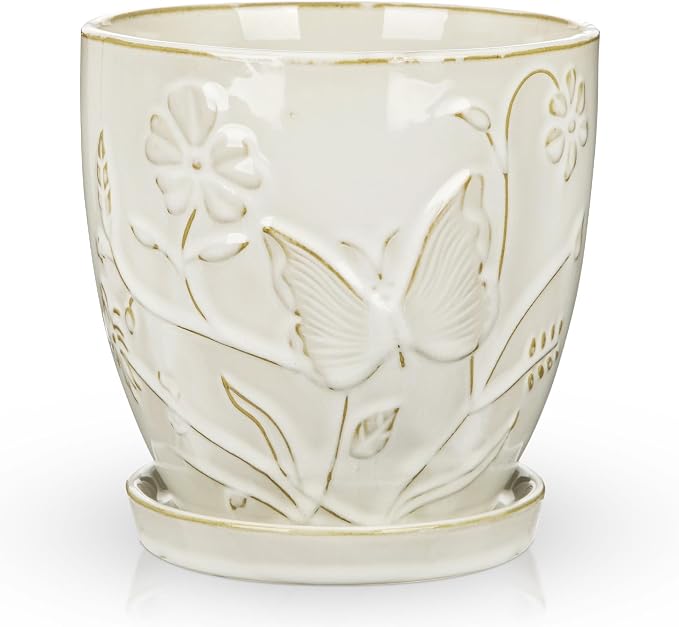 Hollyone 6 Inch White Ceramic Planter Flower Plant Pot with Drainage Hole and Saucer for Plants Embossed Indoor Outdoor Garden Embossed Ceramic Glazed Round Pot Large Butterfly Pattern