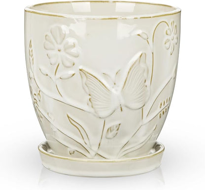 Hollyone 6 Inch White Ceramic Planter Flower Plant Pot with Drainage Hole and Saucer for Plants Embossed Indoor Outdoor Garden Embossed Ceramic Glazed Round Pot Large Butterfly Pattern