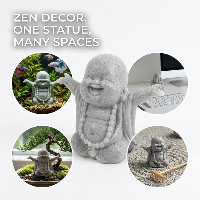 Laughing Buddha Statue, Sandstone Figurine for Aquarium Zen Decor | Laughing Buddha sandstone figurine with a cheerful design for aquarium decor, bonsai displays, and minimalist zen spaces