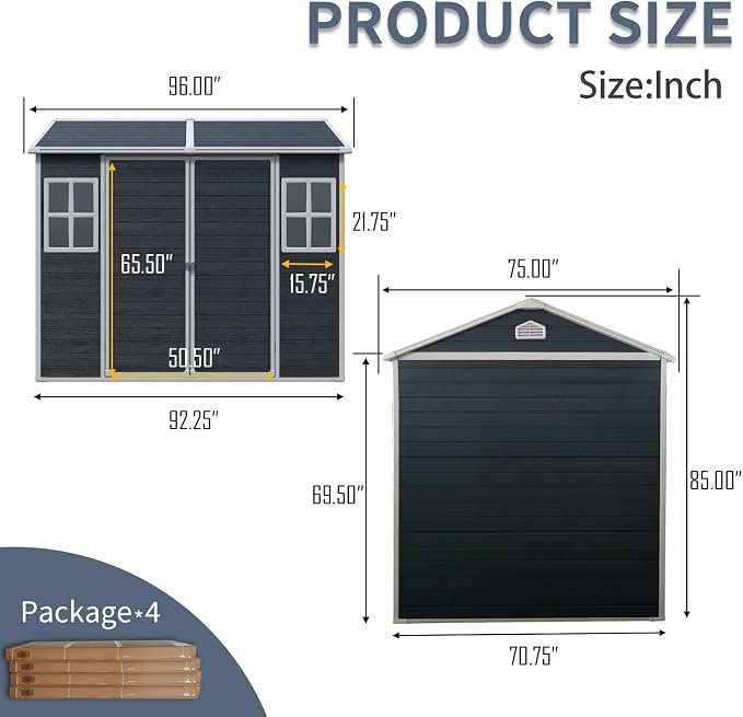 PVWIIK 8x6 ft Resin Outdoor Storage Shed with Floor & Window, Lockable Waterproof All-Weather Utility Shed for Garden Tools & Trash Bins, Black