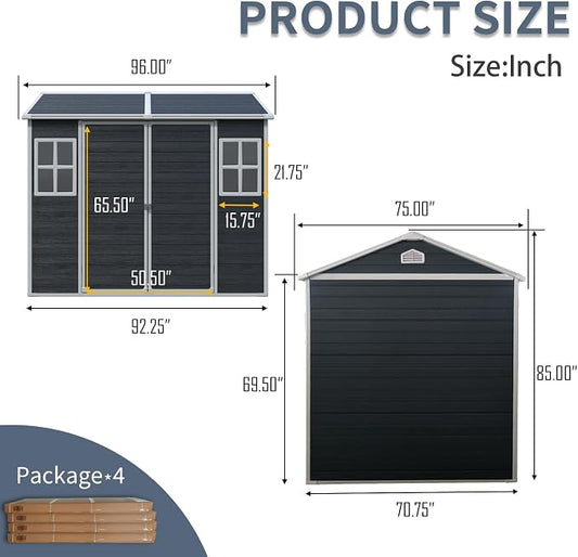 PVWIIK 8x6 ft Resin Outdoor Storage Shed with Floor & Window, Lockable Waterproof All-Weather Utility Shed for Garden Tools & Trash Bins, Black